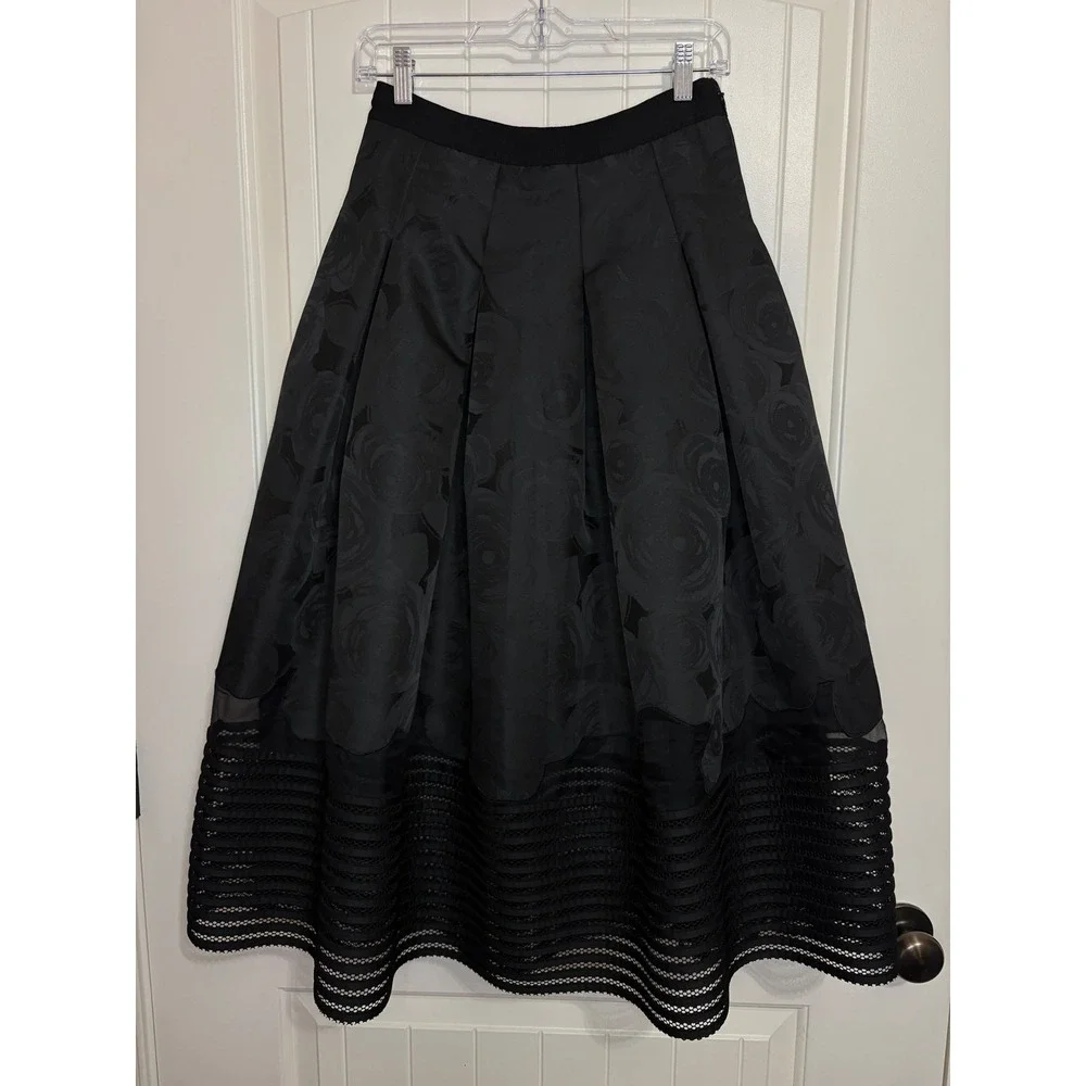 Sachin + Babi  Black Floral Jacquard Midi Skirt Mesh Hem Quiet Luxury Silk 4